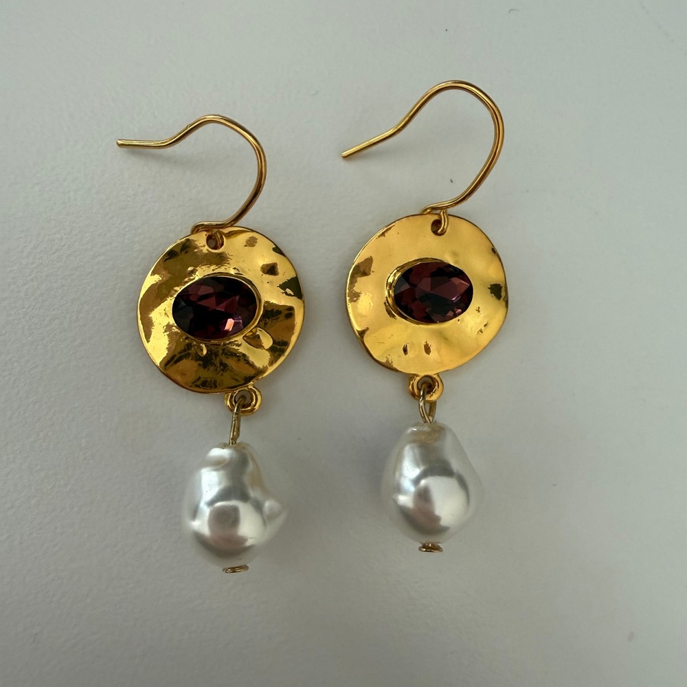 Gold Hammered Disc Purple‎ Gemstone Baroque Pearl Drop Earrings Hook Wire
